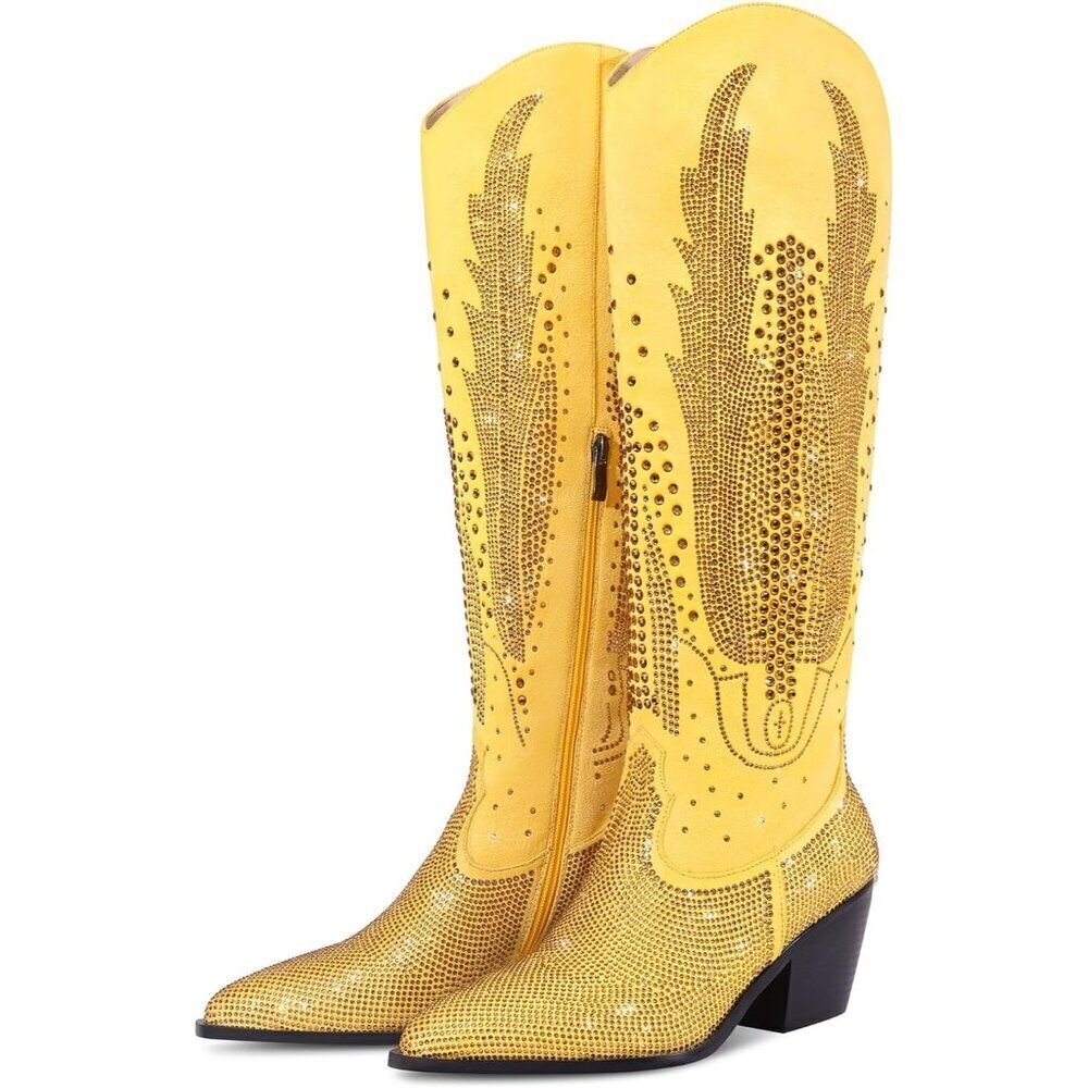 Women Polyurethane Yellow Knee High Pointed Toe Chunky Heel Rhinestone Boot
